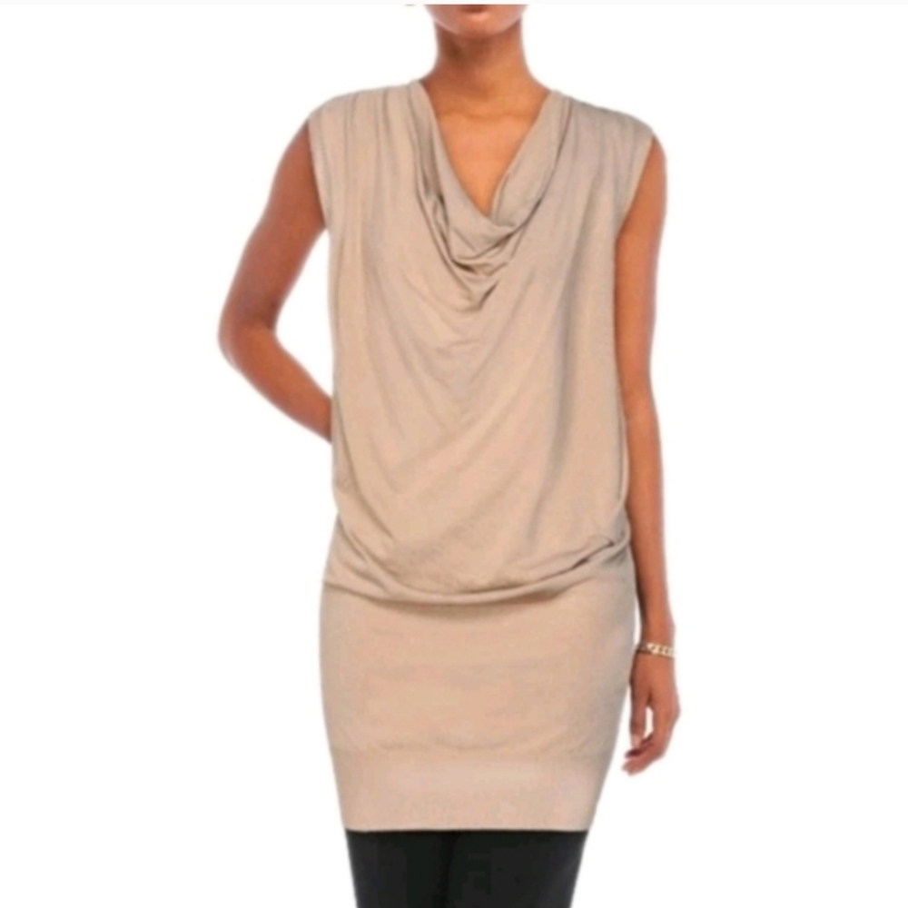 Emporio Armani Tan Sand Sleeveless Draped Cowl Neck Top Mini Dress Size 8